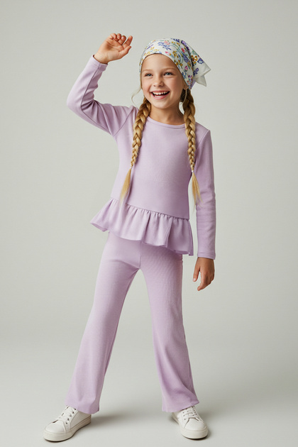 Liliac Fată Copii Bumbac Basic Tricotat Hanorac Trening Pantaloni de jos-Top Set TKDAW25AU00051