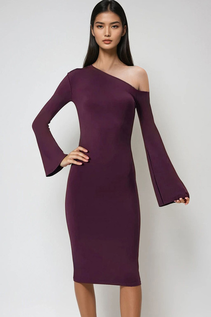 Trend Alaat Stili Women's Plum Asymmetrical Neckline Waist Draped Sandy Dress  Alc-X14450- Trendyol