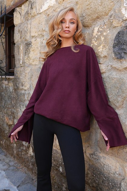 Burgundy High Collar Bat Sleeve Cuff Slit Wide Cut Blouse Alc-X14434