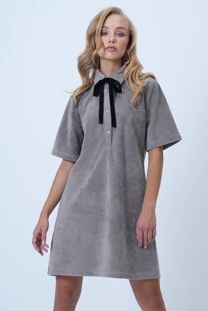 Taupe Polo Neck Half-Button Textured Velvet Mini Dress ALC-X14536