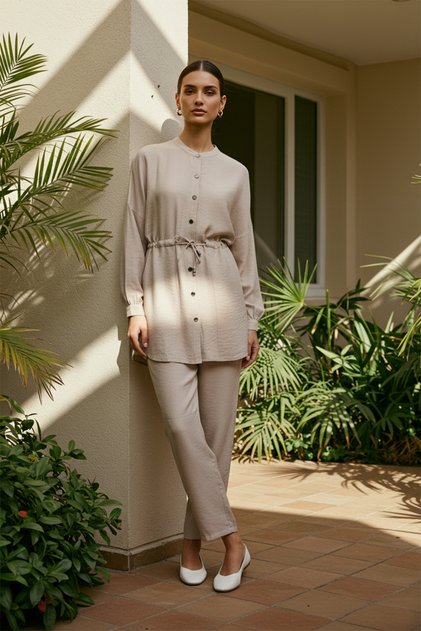 Beige Tie-Detail Waist Shirt-Trousers Woven Set TCTSS21AU0237