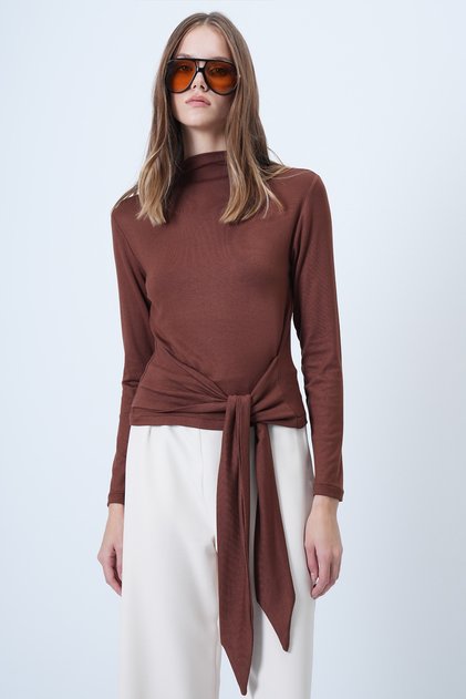 Women's Cinnamon Brown Stand Collar Waist Tie Blouse Alc-X14652