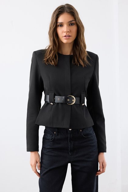 Sacou blazer TWOAW26BC00003, cambrat, cu cordon, șic, material țesut, negru