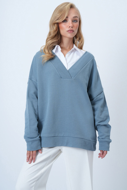 Women's Painted Gray V-Neck Double-Breasted Oversized Sweatshirt Alc-X14555