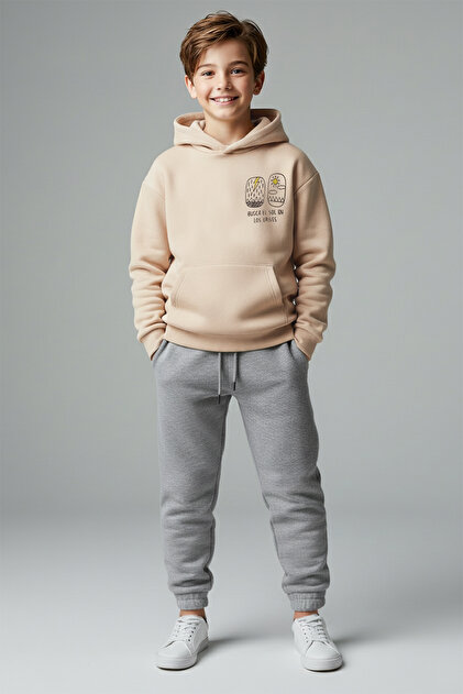 Boys' Oversized Hooded Cotton Knit Top and Bottom Set, Thick Fleece-Lined, Ecru - TKDAW26AU00035