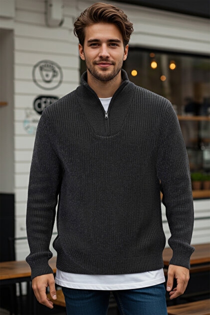 Trendyol Collection Anthracite Regular Fit Woolen Zippered