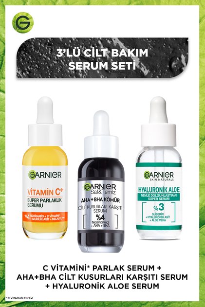 C Vitamini Aydınlatıcı + AHA BHA Cilt Kusurları Karşıtı + Hyaluronik Aloe 3'lü Serum Seti