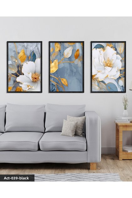 Blue Color Flowers 3 Piece Black Wooden Framed Painting