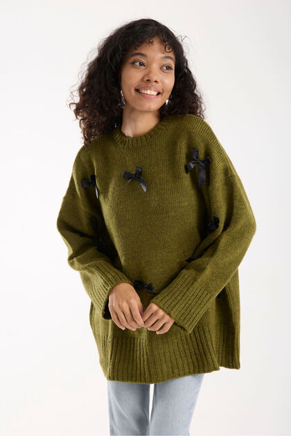 Bow Ribbon Detail Khaki Oversize Women's Long Sweater