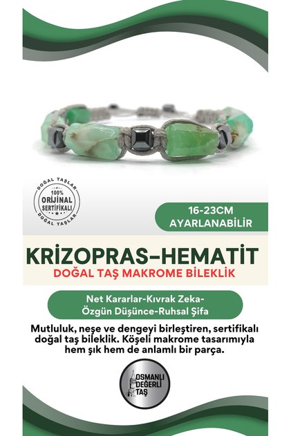 Certified Genuine Original Chrysoprase - Hematite Natural Stone String Bracelet (Cornered Macrame Model)