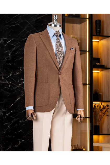 Italian Style Slim Fit Mono Collar Bag Pocket Men's Jacket Brown T10346