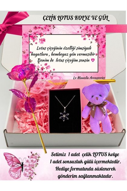 KARARMAZ ÇELİK mor LOTUS KOLYE VE SONSUZLUK GÜLÜ SEVGİLİYE HEDİYE SETİ SEPETİ