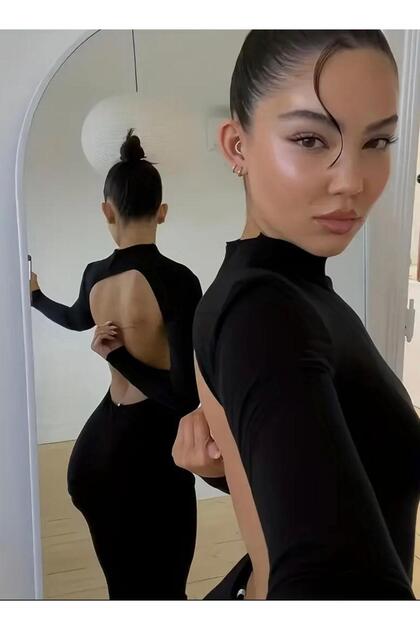 MEGOMEL Rochie neagră din lycra cu decolteu adânc, cu deschidere în spate, cu mâneci lungi și cu deschidere în față