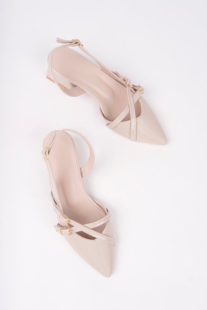 Leiria Model Buckle Detailed Beige Patent Leather Open Back Pointed Toe Square Heeled Ballerina Women's Shoes