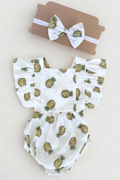 Baby Girl White Pineapple Patterned Cotton Salopet Headband Newborn Set