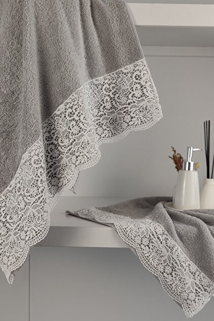 Guipure Lace Bath Towel Set - 100% Cotton Bath Set - Bridal Towel - Gray