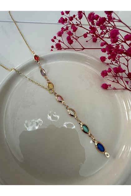 Kadın Renkli Taş Detaylı Y Model Kolye