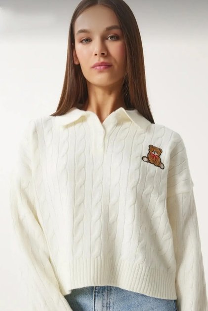 Women's Teddy Bear Print Polo Neck Soft Knitwear Sweater