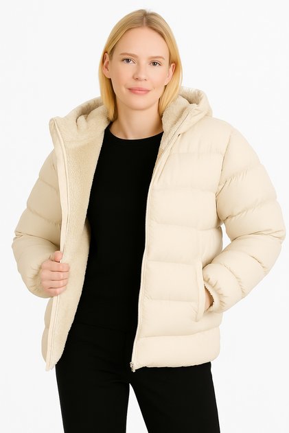 Beige Thick Waterproof Hooded down Jacket with Fur Inside