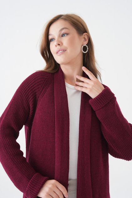 Women's Burgundy Knitwear Fabric Double Pocket Detail Shawl Collar Long Burgundy Cardigan 5001