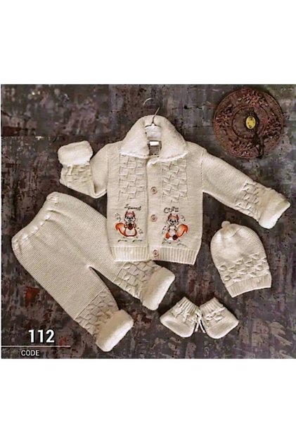 Dört parça ekru TRİKO bebek kışlık şapka unisex örgü takım kol ve yaka kısmı kürklü 9 Aylık 12 Aylık