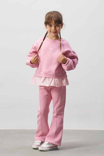 Printed Brode Detailed Girl's Top and Bottom Set