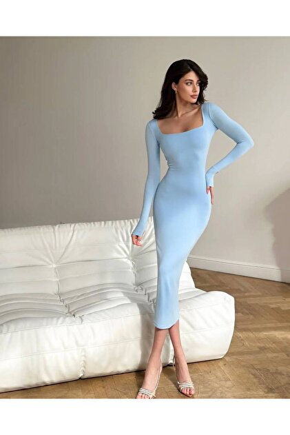 hipnoz butik Women's Ankle Length Long Sleeve Square Neck Tight Dress-  Trendyol