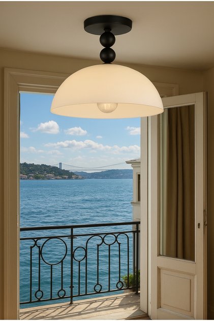 Modern Siyah Metal Gövdeli Opal Cam Yarı Sarkıt Tavan Avize E27 Duy Salon Mutfak Aydınlatma