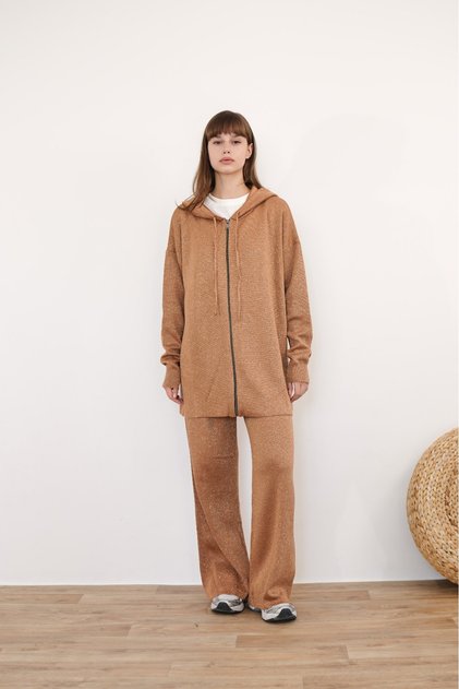 Women's Silvery Mercerized Knitwear Camel Cardigan Set with Trousers