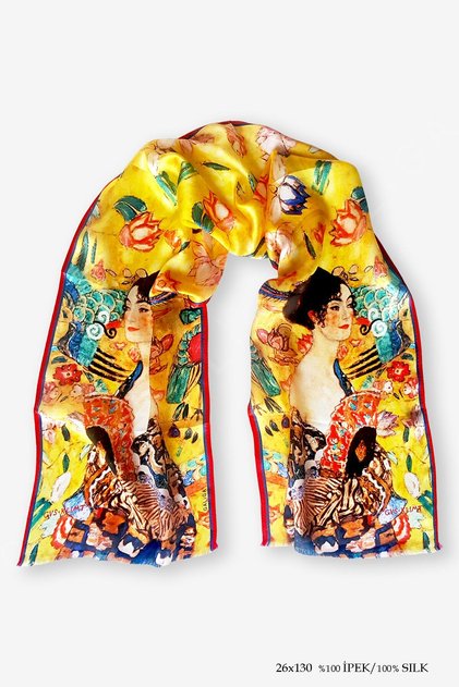 Klimt Lady with Fan 100% Silk Scarf 26*130cm'Art on Silk'