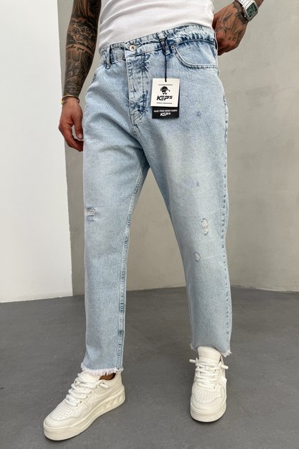 Washable Denim Fabric Boyfriend Men's Blue Jean Trousers with Tassel Cuffs and Ripped Detail Ke-400