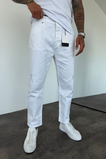 White Denim Fabric Ripped Detailed Boyfriend Fit Men's Jean Jeans Ke-394