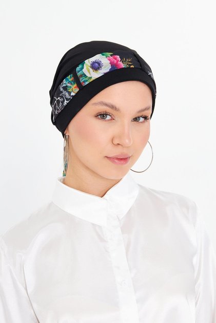 Black Practical Ready-To-Wear Hijab Bonnet Sandy Fabric Patterned Chiffon with Belt 1205D_01
