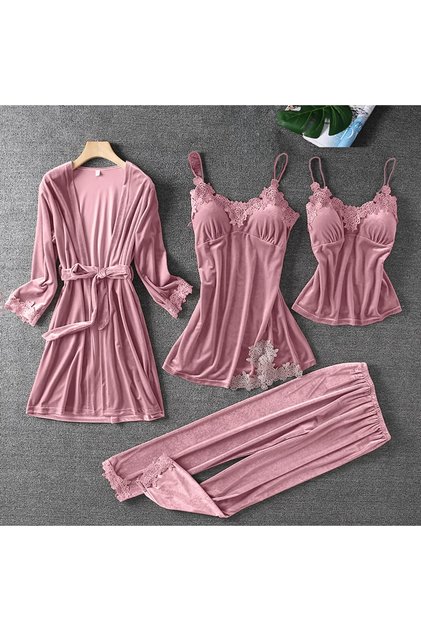 Velvet Lace Four-Piece Nightgown Robe Set Pink 44444