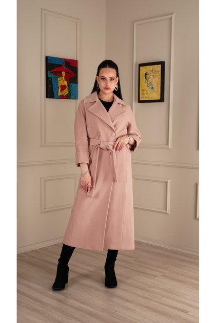 Uzun Slim Fit Kaşe Pudra Kaban Kuşaklı Çift Yaka Detaylı
