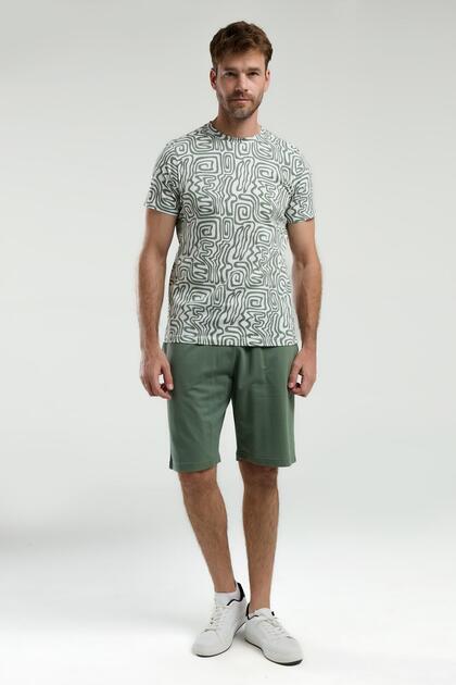 3302 Men's Crew Neck Patterned Half Sleeve Shorts Pajama Suit