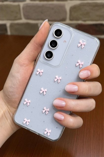 Compatible with Samsung S24 Fe - Pink Bow Patterned, Shiny Glittery, Transparent Soft Silicone Case