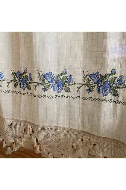 Buldan Monika blue cross-stitched authentic curtain, in various sizes.