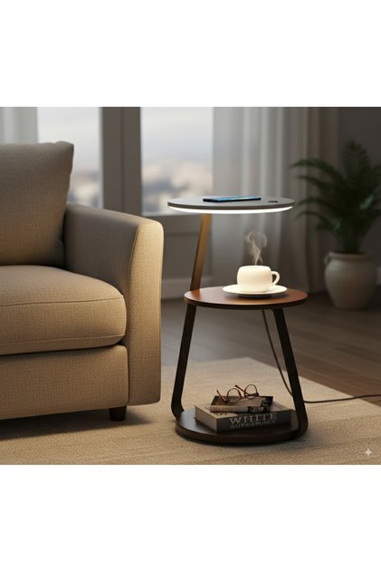 Side Table - Built-in LED Lighting & Wireless Mobile Charger Silver&brown - 36 x 60 cm