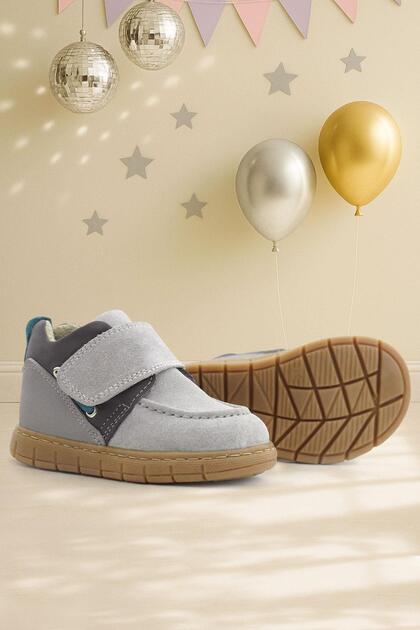 Genuine Leather Light Gray Blue Velcro Baby Boots