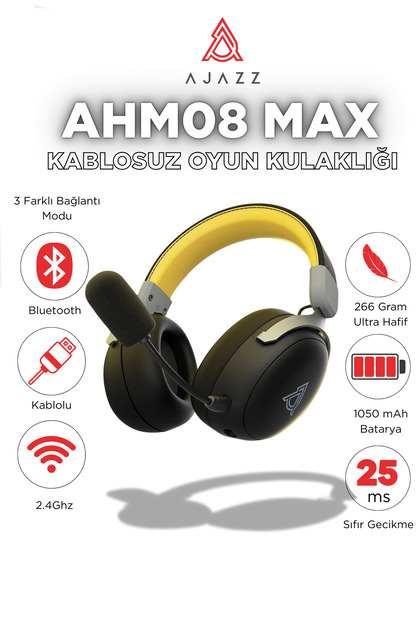 Ajazz AHM-08 MAX Kablosuz Mikrofonlu Oyuncu Kulaklığı 3Modlu