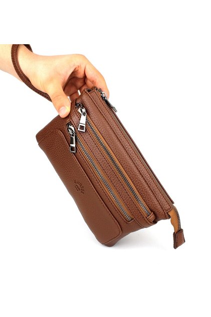 Men's Tan Color Multi-Compartment Bracelet Belted Portfolio Bag Handbag