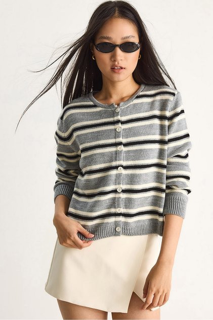 Women's Gray Striped Crew Neck Knitwear Cardigan 20247570