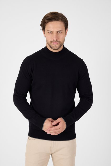 Black 100% Cotton Men's Half Turtleneck Knitwear Sweater