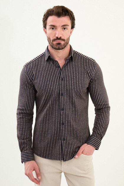 Striped Slim Fit Wool Men's Shirt Navy Blue-Camel - 27092.25K