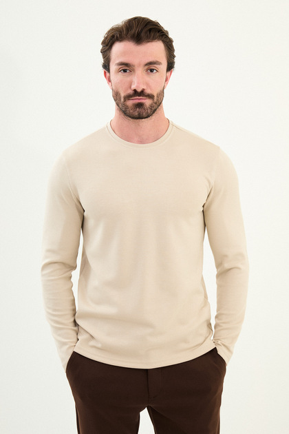Patterned Slim Fit Crew Neck Long Sleeve Men's T-Shirt Dark Beige - 36841.24K