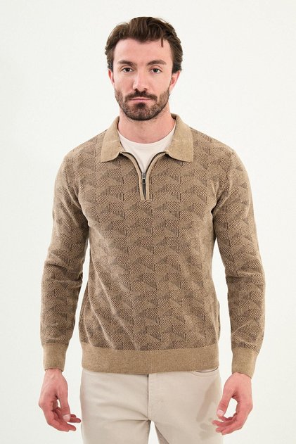 Patterned Slim Fit Zippered Polo Neck Chenille Fabric Men's Knitwear Sweater Beige - 11555.25K