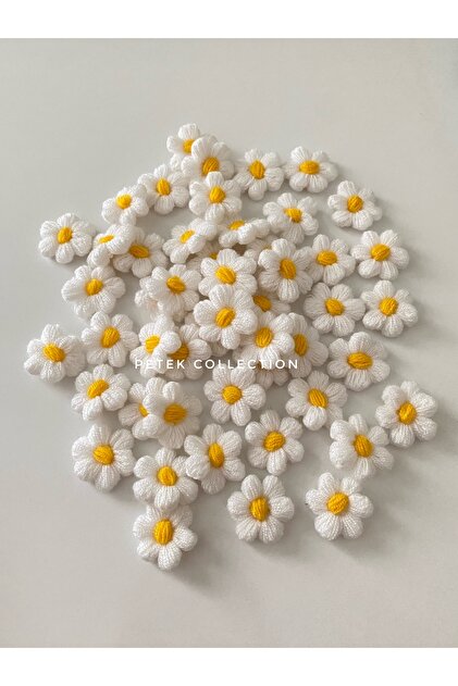 Örgü papatya motif çiçekler - Beyaz çiçek,sarı tomurcuk (10’lu paket)