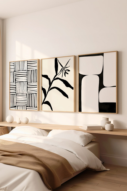 3 Piece Natural Color Real Wood Framed Painting Set - Model 2