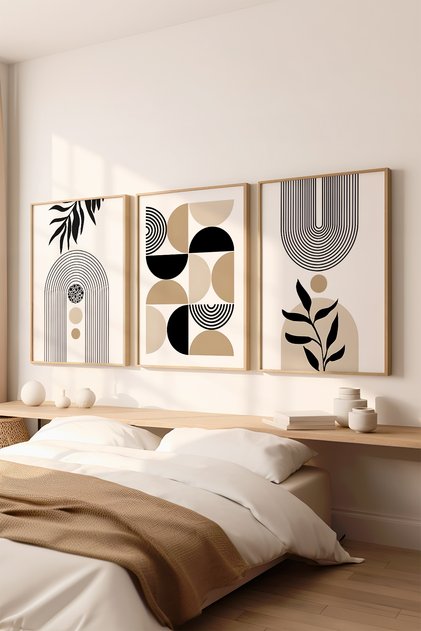 3 Piece Natural Color Real Wood Framed Painting Set - Model 11